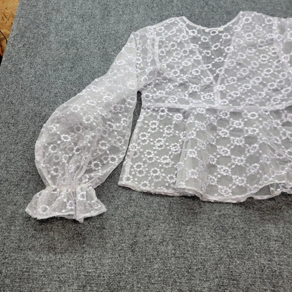 Zara Lavender Floral Lace Sheer V-Neck Peplum Blouse Balloon Sleeve Small